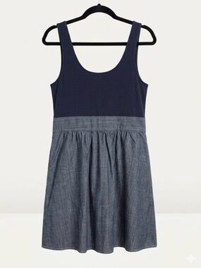 Theory Navy Knit Bodice Chambray Skirt Mini Dress